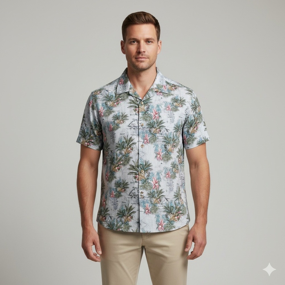 Tommy Bahama Mens Original Fit Cuba Map Floral Palm‎ Tree Camp Silk Shirt XXL